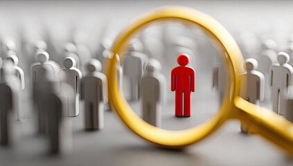 Magnifying glass focuses on a single red figure in a crowd of grey figures