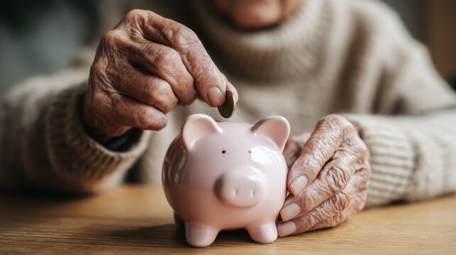 Elderly Person Saving Money With Pink Piggy Bank on Wooden Table