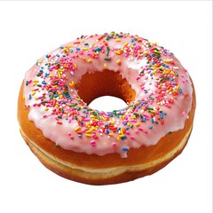 A pink glazed donut topped with colorful sprinkles