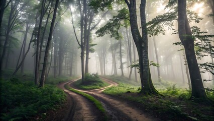 Foggy forest path with tall trees suitable for nature backgrounds, hiking, tranquility, mystery, and environmental concepts in design and marketing.