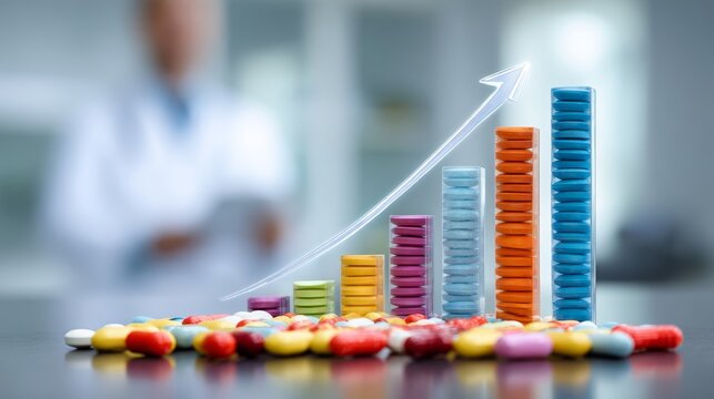 Medical Business Trend Represented by Pills and Upward Arrow Graph