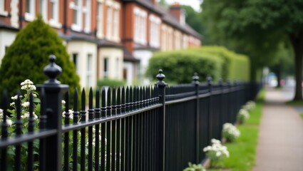 Row of traditional brick houses with a black metal fence and sidewalk