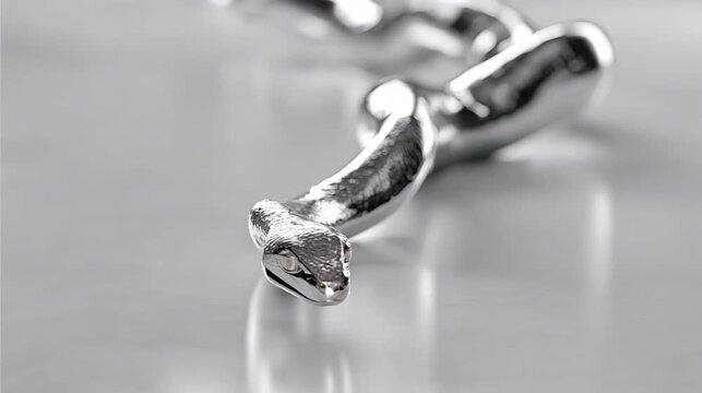 Metallic python crawling on the floor. Silver scales and grainy texture
