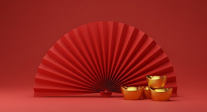 Celebrate prosperity with vibrant gold ingots and a festive red fan for Chinese New Year greetings,Generated image - Powered by Adobe