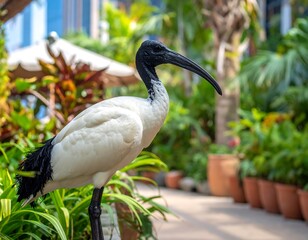 Obraz premium White bird with black features in a garden setting