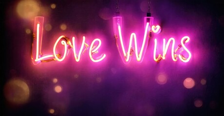 Bright pink neon sign displays Love Wins. Bokeh lights create soft, blurred background. Positive message radiates warmth, hope.