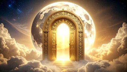 A majestic golden gate to heaven, surrounded by clouds and a glowing orb.