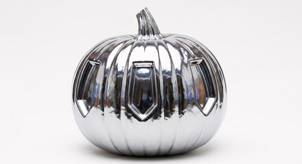 A shiny silver pumpkin with geometric cutouts on a white background for halloween decoration display
