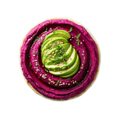 Fototapeta premium Beetroot Hummus with Avocado and Sesame Seeds on Pita Bread - Overhead Shot