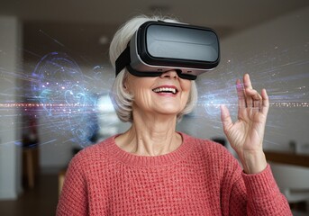Happy senior woman enjoying virtual reality technology, looking amazed at the digital world displayed through her VR headset, symbolizing future innovation and active aging