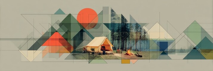 Modern Camping Scene with Tent and Campfire in Abstract Art Style