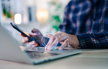 Businessman tools uses AI technology analyzing financial data stock market. AI learning and business artificial intelligence. Document data management on network, cybersecurity, digital transformation