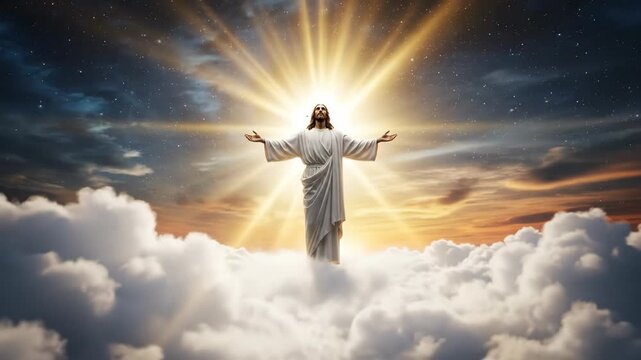 Ascension of Jesus Christ with Radiant Light - The video depicts a figure commonly associated with Jesus Christ rising above fluffy white clouds, surrounded by radiant beams of light.