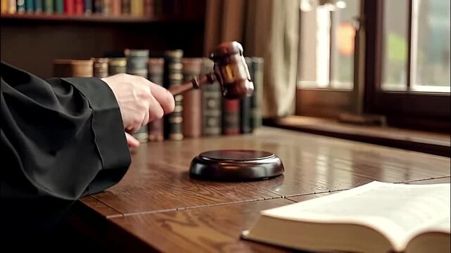 Judge using gavel in courtroom.