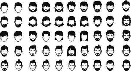 Silhouette grid of male head hairstyles and beard styles featuring diverse grooming combinations for fashion, barber, and design use