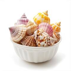 Colorful seashells in a white bowl