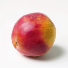 Obraz premium Single, round, vibrant peach-like fruit. Reddish-pink skin with splashes of yellow-orange, resting on a plain white background
