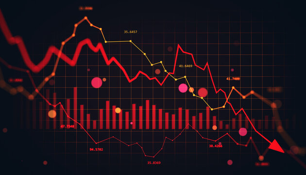 Digital display of red downward market chart with falling bars and arrows indicating financial collapse and economic crisis on dark screen background. 3D Rendering