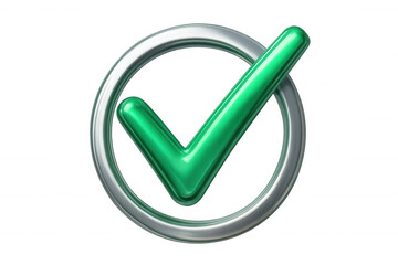 Shiny green check mark in metallic circle symbolizing approval, agreement, or completion on a transparent background