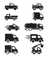 Black Silhouette Vector Icons of Trucks, Vans, and Utility Vehicles.