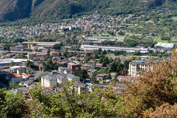 Aerial view of the town of Verr&egrave;s in the Aosta Valley, featuring the historic center, Verr&egrave;s Castle, and surrounding mountains