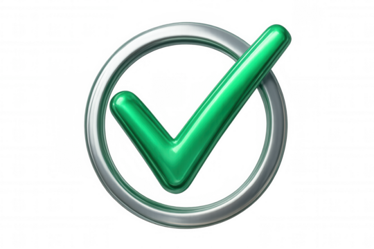 Shiny green check mark in metallic circle symbolizing approval, agreement, or completion on a transparent background