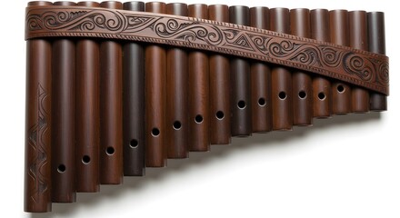 Brown pan flute with decorative strap on white background