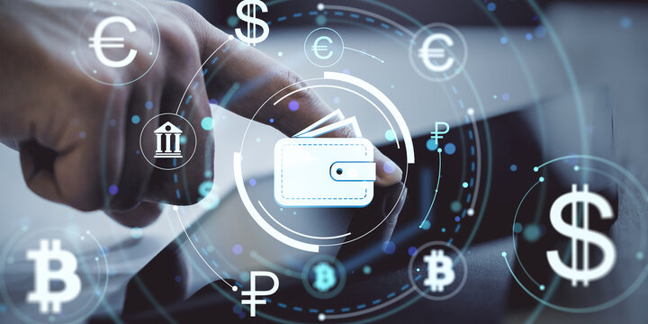 Digital wallet icon with cryptocurrency and currency symbols over finger tapping on screen, representing fintech transaction and online finance.