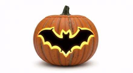 A halloween pumpkin with a bat carved into it sitting on a white surface in a studio setting