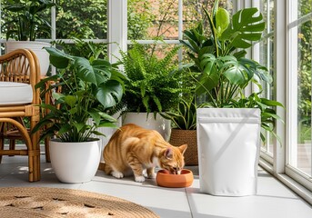 A ginger tabby cat eats from a bowl beside a blank white pouch mockup in a lush sunroom filled with green houseplants.