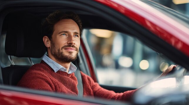 Confident Driver in Red Car Captured Through Side Window Perspective