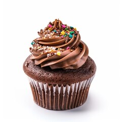 Chocolate cupcake with swirled frosting and sprinkles