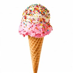 A waffle cone filled with a double scoop of pink and white ice cream topped with colorful sprinkles against a white background