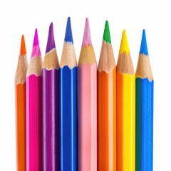 Colorful pencils in a row against white background.  Sharp points and varied colors