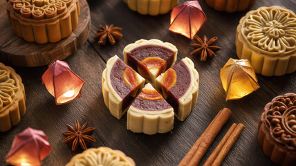Fototapeta premium Traditional Mooncakes with Festive Decorations and Warm Lantern Glow for Mid-Autumn Celebration