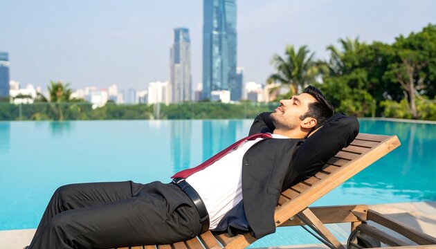 A relaxed businessman rests by a rooftop pool, enjoying a moment of leisure in a city backdrop.
