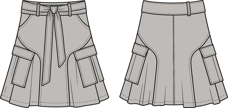 CAD drawing flat vector illustration of flared cargo skirt with belt, front and back view, pleated hem, pockets, fashion design