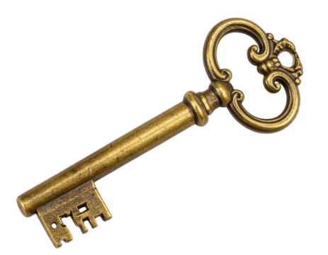 Old Vintage Brass Key with Ornamental Head, transparent background