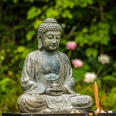 Buddha statue in a garden setting