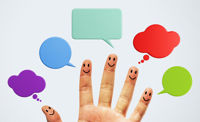 Happy finger characters with colorful blank speech bubbles on light background representing social communication and messaging concept.