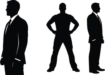 Silhouette set of people in suits and casual stance poses showing profile and front views for fashion, concept, and design use