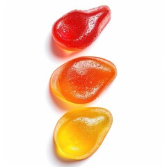 Three vibrant, teardrop-shaped, jelly candies in red, orange, and yellow, arranged vertically against a white background