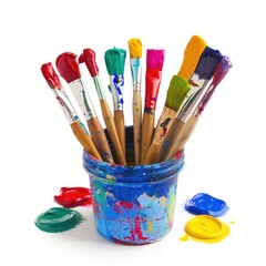 Assorted colorful paintbrushes in a used paint container
