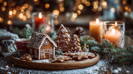 Cozy Christmas Scene with Gingerbread House and Candle Lights