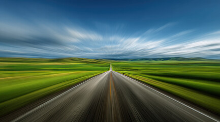Fototapeta premium Long, straight road stretches into distance through vibrant green fields under dynamic, cloudy sky, creating sense of speed and motion