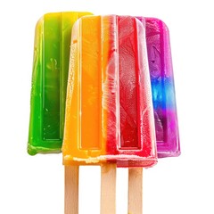 Three colorful popsicles, layered in vibrant rainbow hues of green, orange, and red-purple, displayed against a white background.  Each popsicle has a distinct color gradient, with a wooden stick