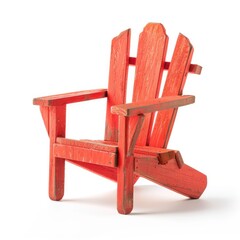 A vibrant, slightly weathered, red wooden Adirondack chair, angled slightly, against a white background