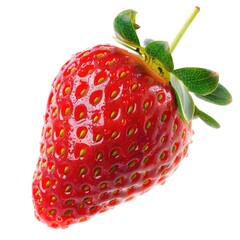 Single, ripe strawberry, glossy red, with green leaves