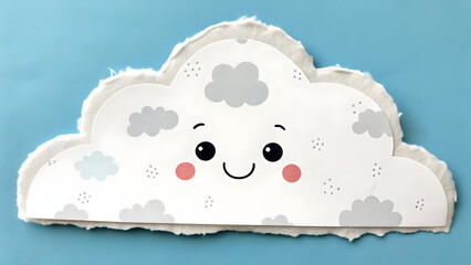 Cute cartoon cloud character with rosy cheeks and smiling face on textured white paper against blue background