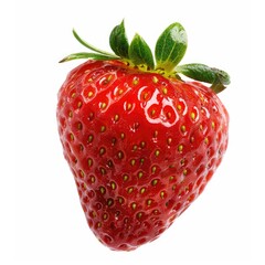 Single, vibrant red strawberry with green leaves.  Fresh, juicy, and in focus against a pure white background